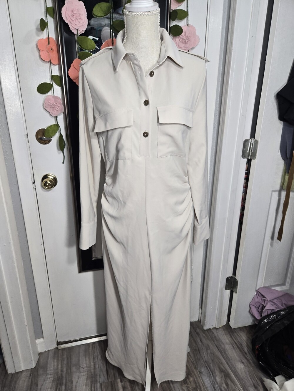 Zara Woman Draped Waist Midi Dress Sz L Cream Color Front Slit - Picture 2 of 13